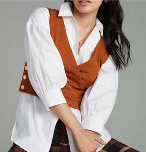Maeve Anthropologie Button Side Cropped Top Vest Pecan Brown Size XS thumbnail 1