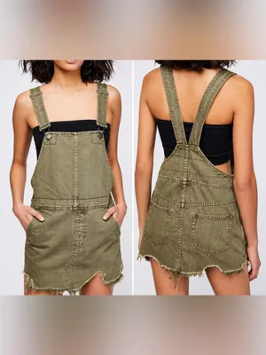 💚✨ Free People‎ Olive Green Distressed Overall Mini Dress Size 4 ✨💚 thumbnail 2