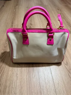Victorias Secret Beige Canvas Satchel Bag Hot Pink Patent Trim Gold Hardware thumbnail 3