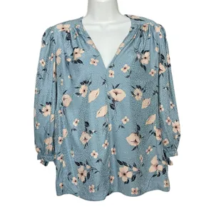 Rebecca Taylor Daniella Floral Blouse Dot Pattern Blue V-Neck Top Tie Cuff Women thumbnail 4
