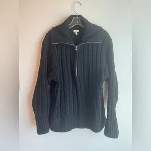 Aerie Cable Car Chenille Quarter Zip Chunky Black Knit Top thumbnail 2