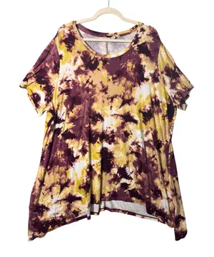 LOGO Lori Goldstein Women Top 3X Burgundy Yellow Tie Dye Sharkbite Boho Artistic thumbnail 1