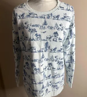 Vintage lands end Blue and White Scenic Print Sweatshirt size large thumbnail 2
