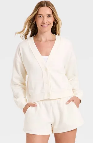 NWOT Universal Threads Women's Fleece Cardigan - Cream White Size L thumbnail 1