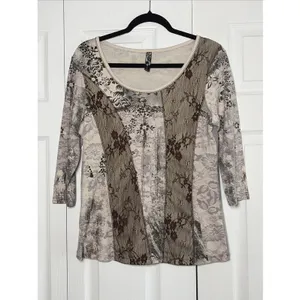 Vanilla Sugar Mixed Media Floral Lace Top Size Large‎ Brown Boho Y2K Cotton USA thumbnail 2