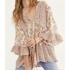 Free People Moonlight Dance Oversize Floral Printed Tunic Top Ivory Combo Boho M thumbnail 2