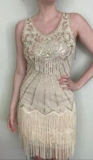 Babeyond Beaded Fringe Flapper Dress Size Medium Cream Colored thumbnail 1