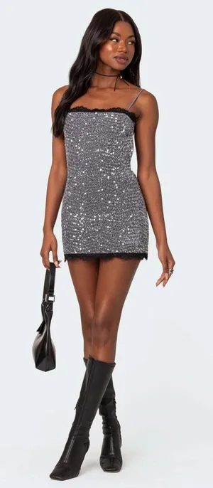NWT Edikted Sylvester Sequin Mini Dress Silver Y2K Lace Trim Low Back Size M thumbnail 1
