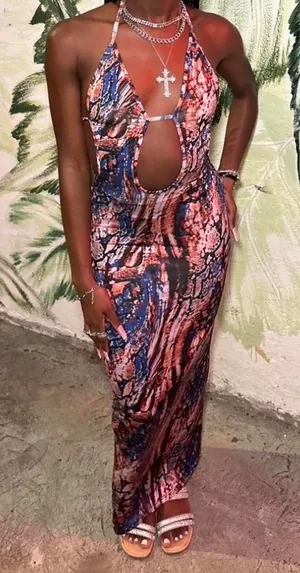 SheIn Marble Print Low Back Cutout Maxi Dress thumbnail 1