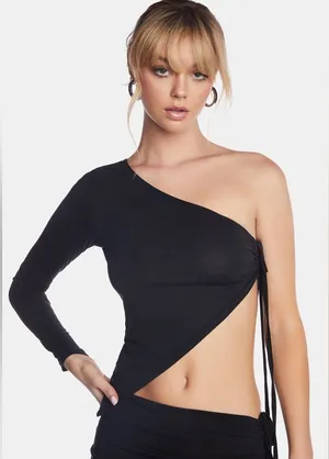 Edikted Dolls Kill Franki Long Sleeve Asymmetric Crop Top Black XL thumbnail 1