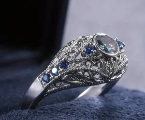 Luxury Retro 925 Silver Geometric Pattern Inlaid Ring Size 7 thumbnail 4