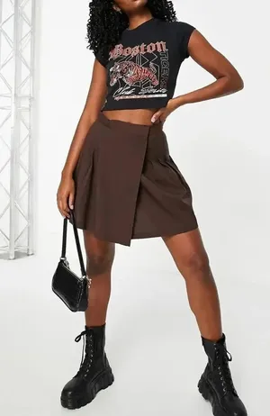 ASOS Y2K Mini Pleated Tennis Mini Skirt Brown Small Schoolgirl Wrap High Rise thumbnail 1