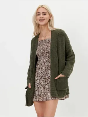 American Eagle Outfitters Maroon Plum Open Front Chunky Knit Cardigan Sweater X thumbnail 2