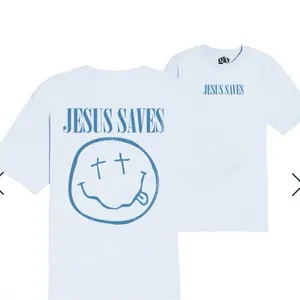 New glo 2X Jesus Saves dusty blue T shirt God’s love overcomes thumbnail 2