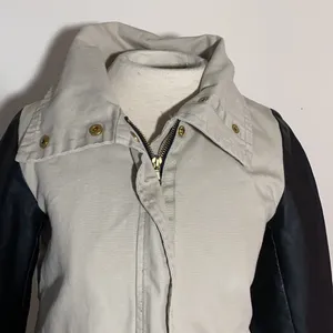 Women’s JJ utility jacket coat canvas contrast sleeves faux Leather small tan thumbnail 3