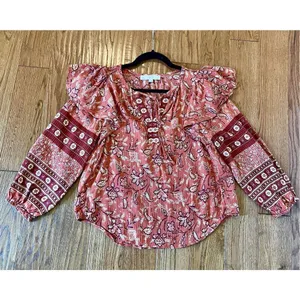 Loft burnt orange floral ruffled shoulder long sleeve blouse thumbnail 7