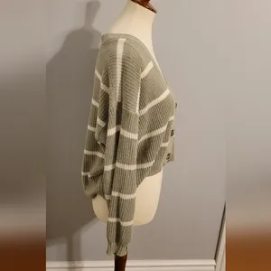 American Eagle Outfitters Olive Green and White Striped Cropped Cardigan thumbnail 2