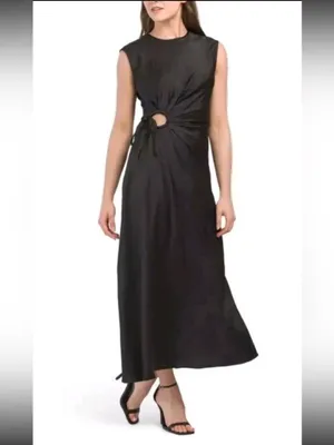 House of Harlow Elegant Black Sleeveless Maxi Satin Slip Dress with Front Twist thumbnail 3
