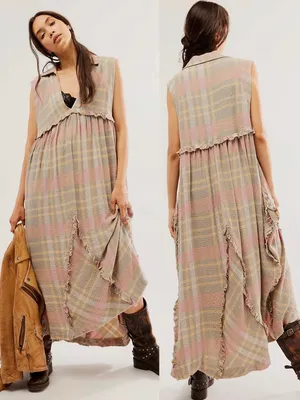 Free People Oversized Bohemian Grunge 90s Plaid Kirby Maxi Dress Size Large thumbnail 2