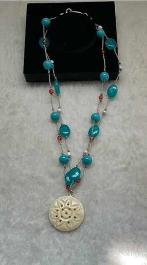 Turquoise Bead Necklace with Carved Cream Pendant thumbnail 1