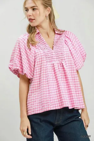 Umgee Smocked Yoke Puff Sleeve Gingham Blouse - Large thumbnail 1