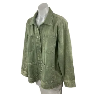 Blank NYC Garment Dye Acid Wash Twill Women's Green Shirt Utility Coat Jacket L thumbnail 3