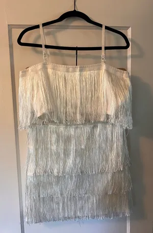 White Fringe Two-Piece Matching Set | Layered Tassel Crop Top & Mini Skirt thumbnail 1