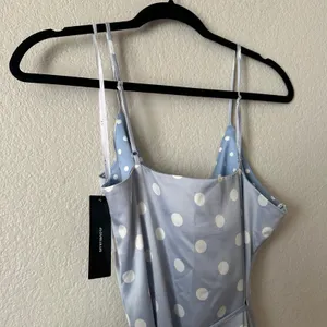 Lulus Love Dottie Polka Dot Satin Wrap Dress Blue Size Small NWT thumbnail 4