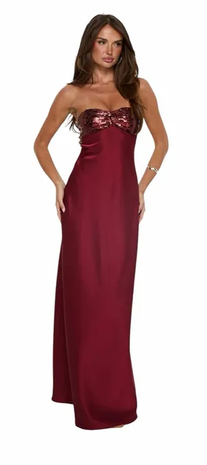 Princess Polly - NWT See The Vision Sequin Bust Maxi Dress Burgundy Sz US 8 thumbnail 1
