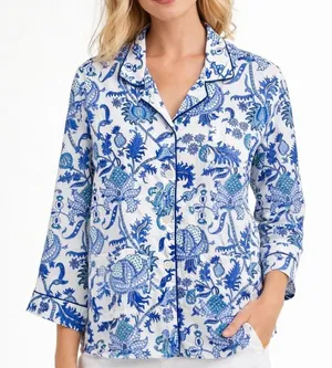 Roller‎ Rabbit Amanda Blue 100% Cotton Pajama Top M Block Print Coastal Boho thumbnail 1