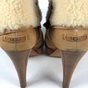 UGG Boots Womens Size 8 Brown Suede Shearling Ankle Cone Heel Zip Cuff Booties thumbnail 9