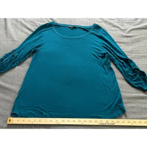 Cable & Gauge Teal Blue Ruched Button Tab Sleeve Scoop Neck Top Large thumbnail 5