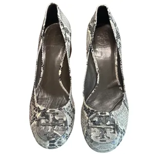 Tory Burch Claire Snake Embossed Python Block Heel Pumps Gray Black 8.5 thumbnail 2