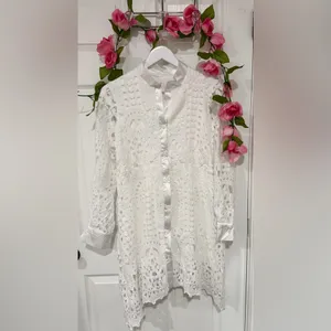 White Lace Coastal Beach Resort Long Sleeve Button Size Small Shirt Dress thumbnail 2