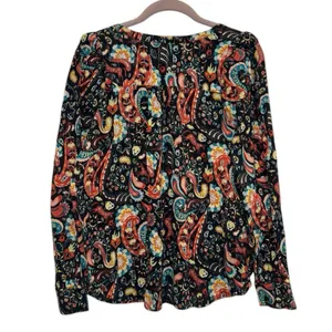 LOFT Paisley‎ Boho Peasant Blouse Medium Black Floral Long Sleeve Button Front thumbnail 3