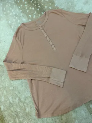 Aerie XXL camel tan Ribbed Long Sleeve Henley Top Snap Button Casual Basic thumbnail 5