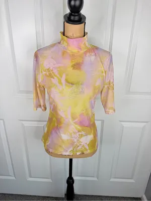 Anthropologie Mesh Mock Neck Floral Print Top Size M Sheer Stretch thumbnail 2