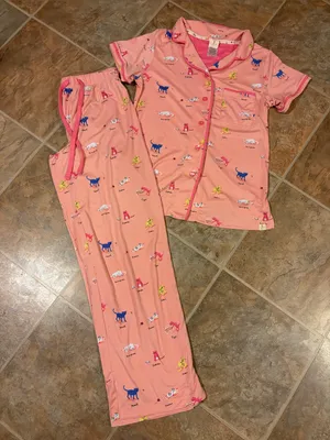 munki munki Pink Short-Sleeve Pajama Set with Colorful cat Print thumbnail 1