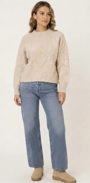 FRNCH Paris Cream Textured Heart Knit Crewneck Sweater Medium thumbnail 1