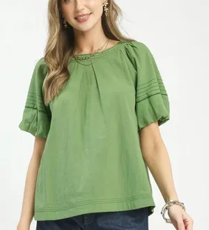 Umgee Round Neck Puff Sleeve Top with‎ Contrast Stitch Detail thumbnail 1