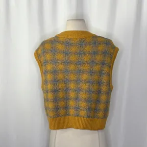 ZARA Chunky Wool Sweater Vest Plaid Star Pattern Yellow Gray Academia Small thumbnail 9