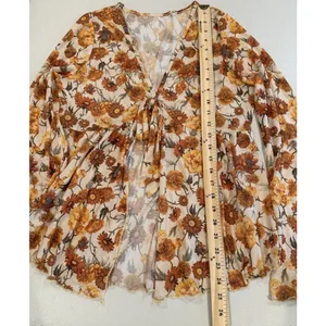 Floral Mesh Top XL Fairy Festival Bell Sleeve Stretch 70s Sunflower Cottage Boho thumbnail 5