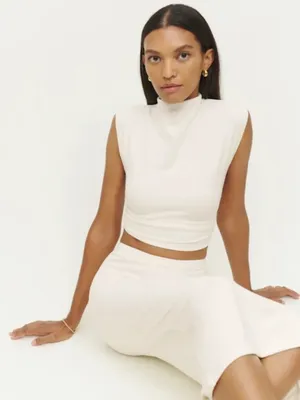 REFORMATION Lindy Ruched White High Neck Top thumbnail 1