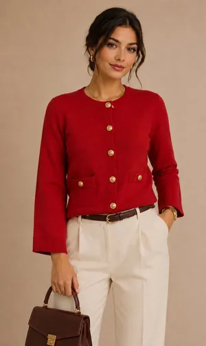 H&M Red Knit Cardigan Sweater Gold Button Front Women’s Size S Classic thumbnail 1