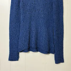 Free People Blue Open Knit Crewneck Sweater S Boho Slouchy Pointelle Pullover thumbnail 6