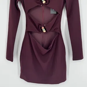 White Fox One‎ Desire Mini Dress Small Dark Burgundy Cutout Long Sleeve Beaded thumbnail 5