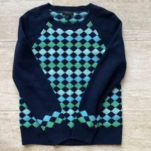 J Crew‎ Women Argyle Crewneck 100% Lambs Wool Sweater Y2K Preppy S Blue Green thumbnail 5