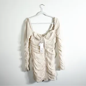 NWT Oh Polly Calista Nude Ruched Long Sleeve Mini Dress Size 10 thumbnail 3