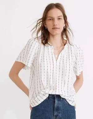 Madewell Tie-Neck Tunic Short Sleeve Black Striped Dot Knit Tunic Top SZ M #2568 thumbnail 1