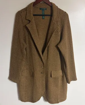 Lauren Ralph Lauren Herringbone Knit Blazer Cardigan Brown Wool Cashmere 1X thumbnail 1